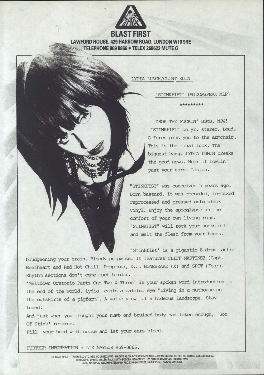 Lydia Lunch Stinkfist + Press release US vinyl LP album (LP record)