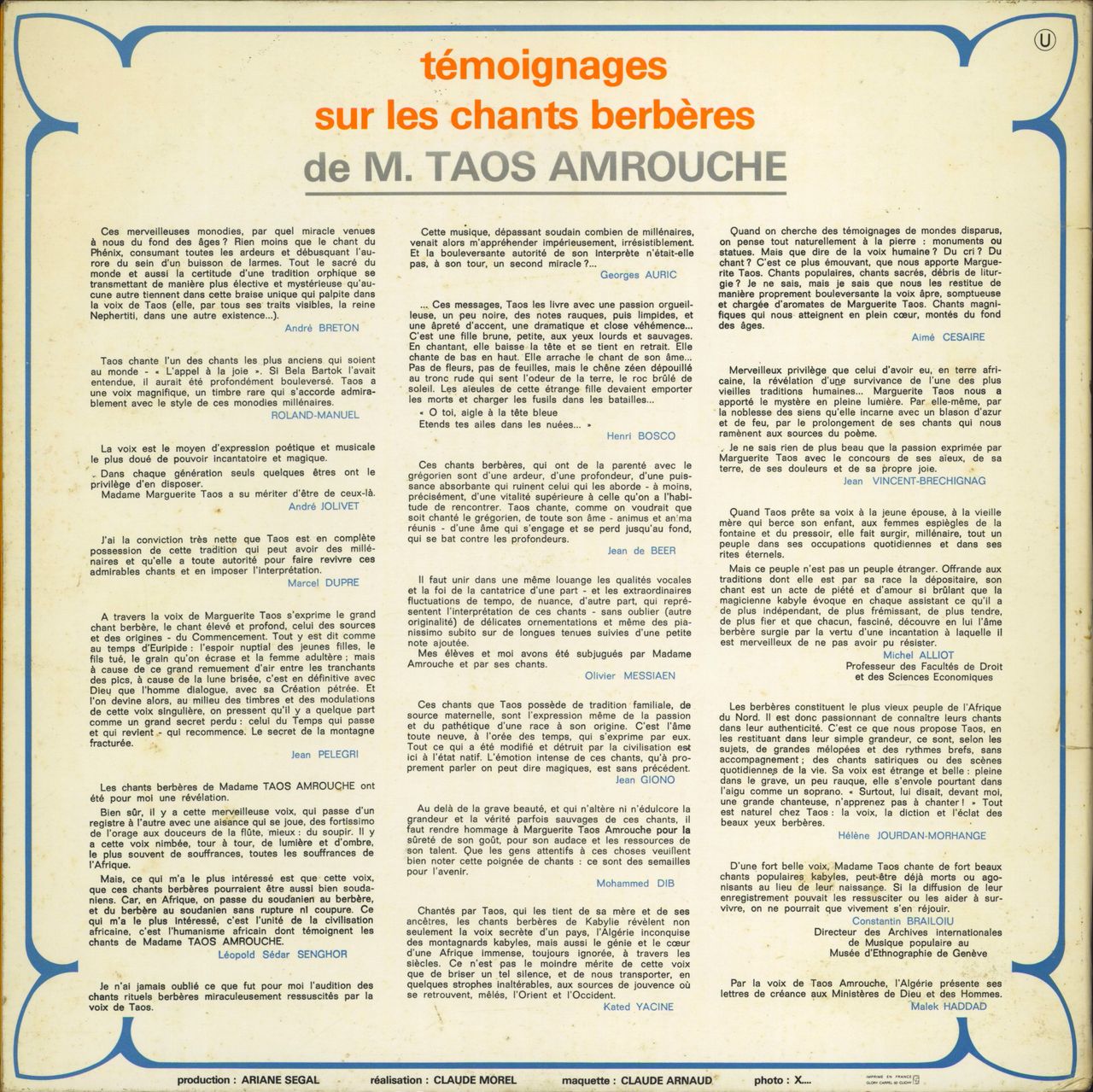 M. Taos Amrouche Chants De L'Atlas (Traditions Millénaires Des Berbères D'Algérie) French vinyl LP album (LP record)