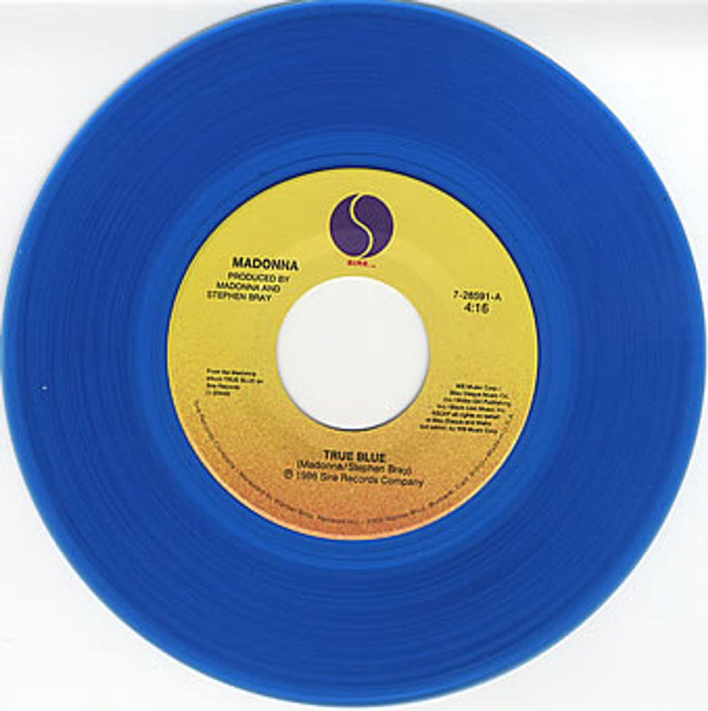 Madonna True Blue - Blue Vinyl - P/S US Promo 7" vinyl single (7 inch record / 45) MAD07TR85827