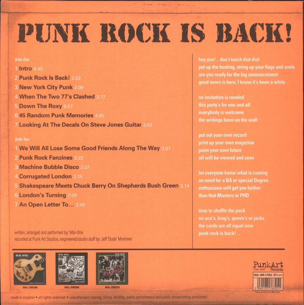 MAL-ONE Punk Rock Is Back! UK Vinyl LP — RareVinyl.com