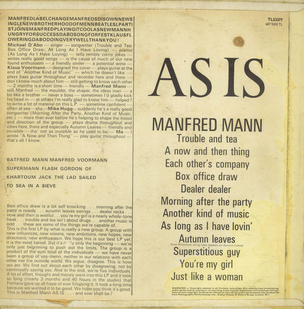 Manfred Mann As Is - Train Sleeve - VG Sleeve UK vinyl LP album (LP record)