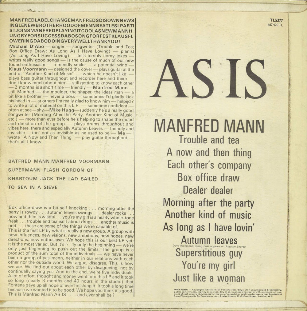 Manfred Mann As Is - Train Sleeve - VG UK vinyl LP album (LP record)