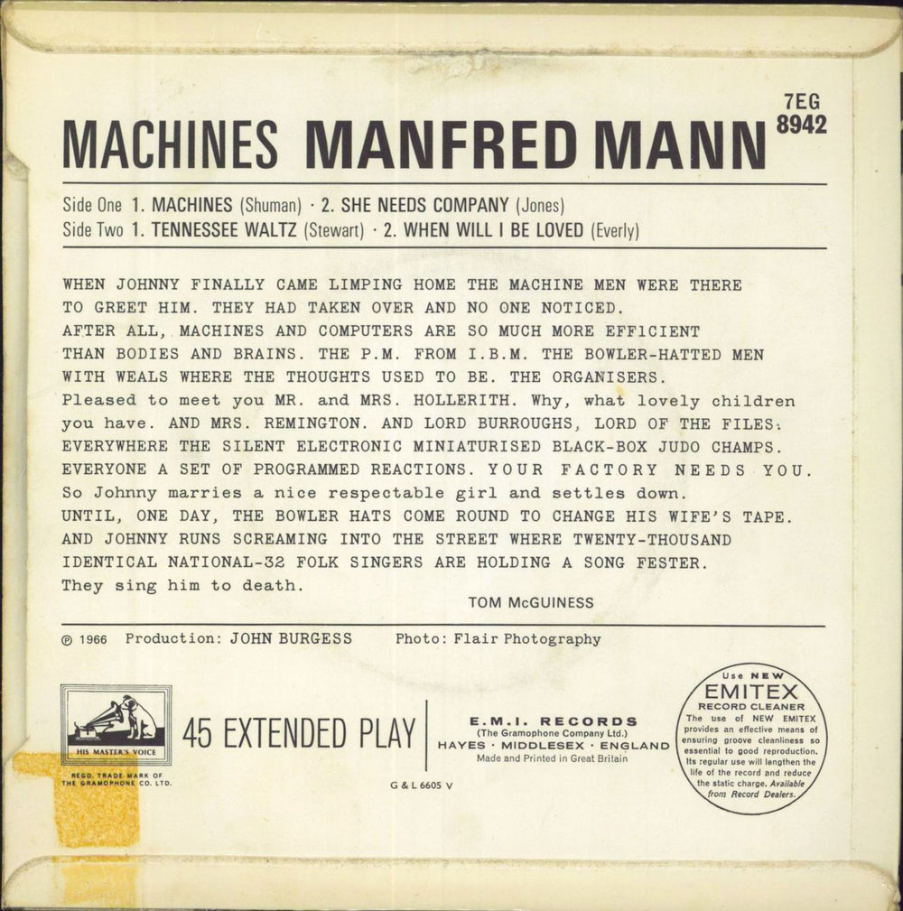 Manfred Mann Machines EP - VG UK 7" vinyl single (7 inch record / 45)
