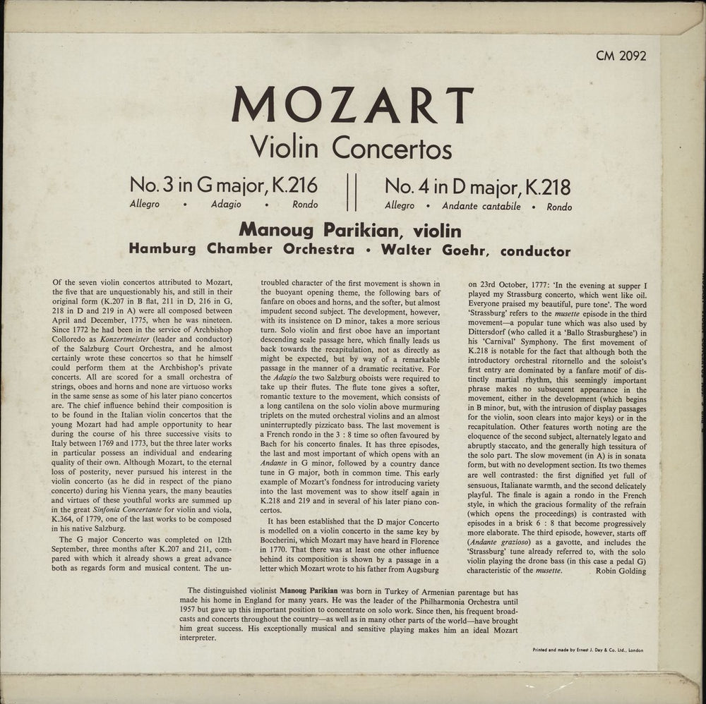 Manoug Parikian Mozart Violin Concertos UK vinyl LP album (LP record)