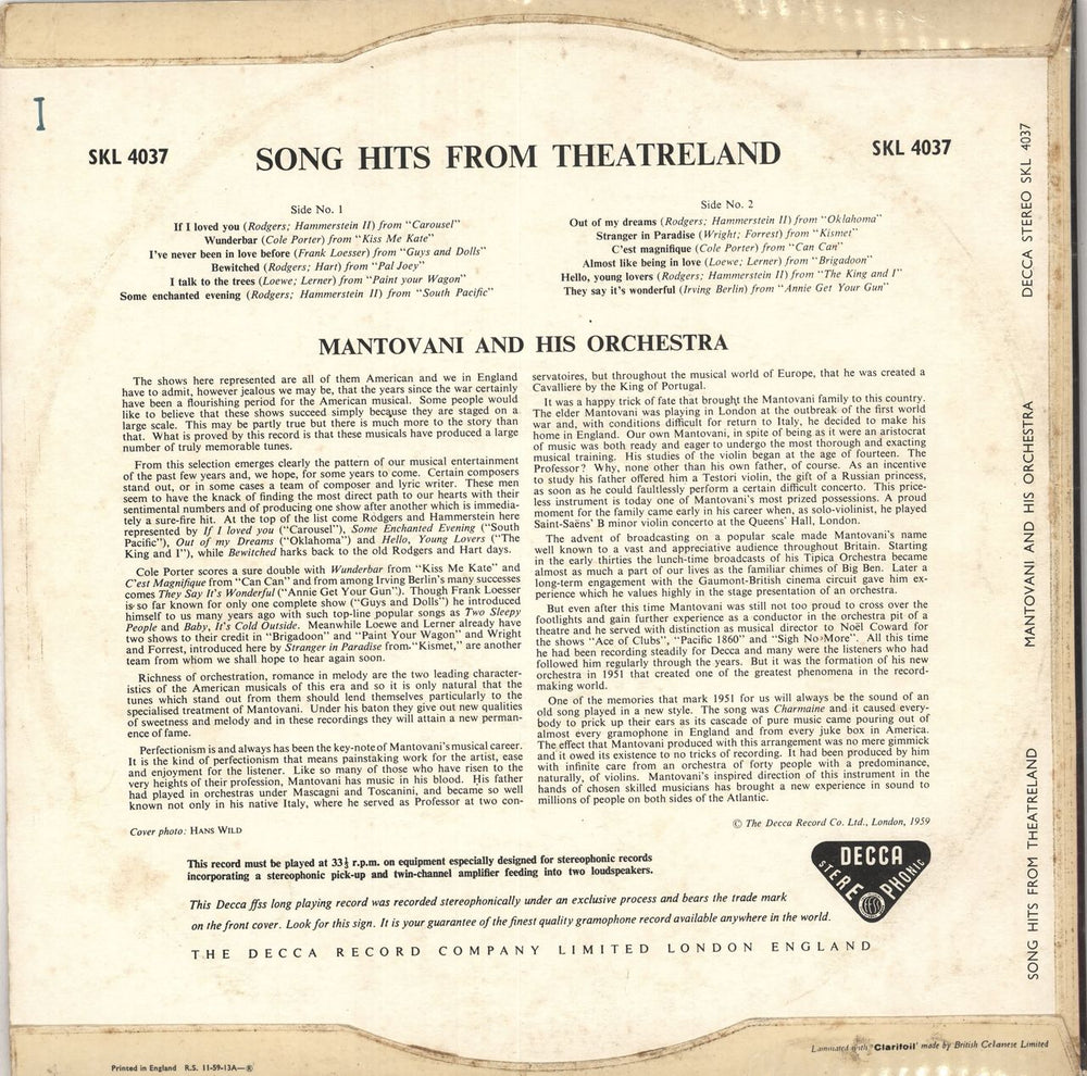 Mantovani Song Hits From Theatreland UK vinyl LP album (LP record)