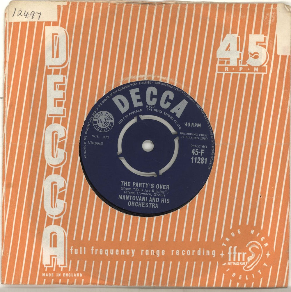 Mantovani The Party's Over / The Green Leaves Of Summer UK 7" vinyl single (7 inch record / 45) F11281
