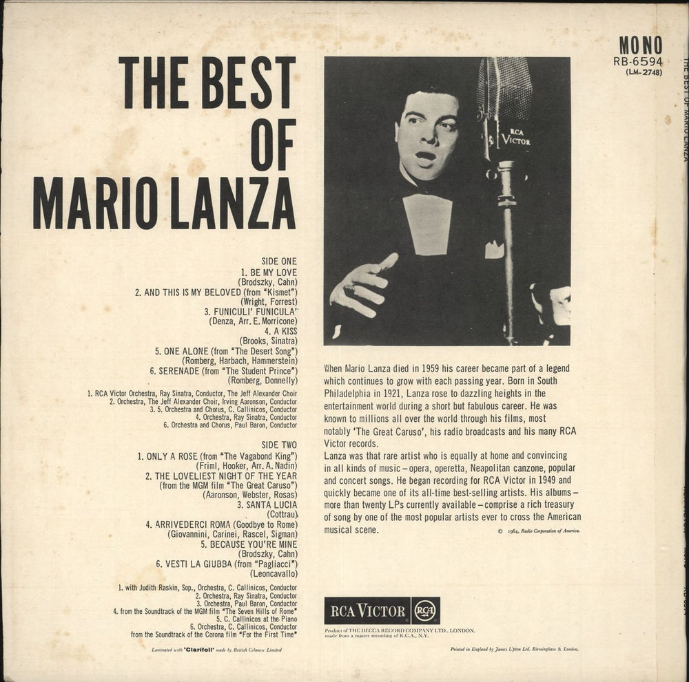 Mario Lanza The Best Of Mario Lanza UK vinyl LP album (LP record)