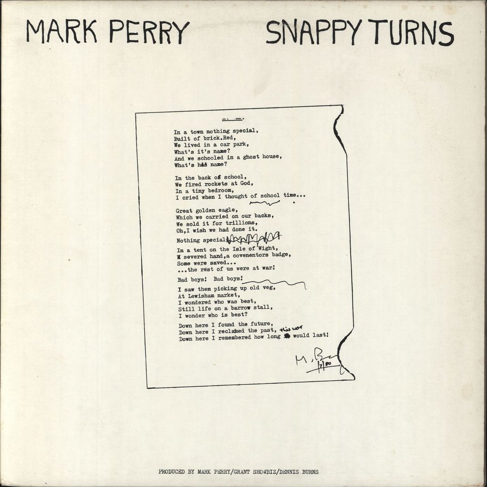 Mark Perry Snappy Turns UK vinyl LP album (LP record) DLP06