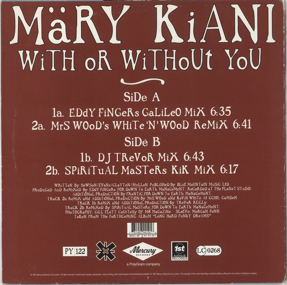 Mary Kiani With Or Without You UK 12" vinyl single (12 inch record / Maxi-single)