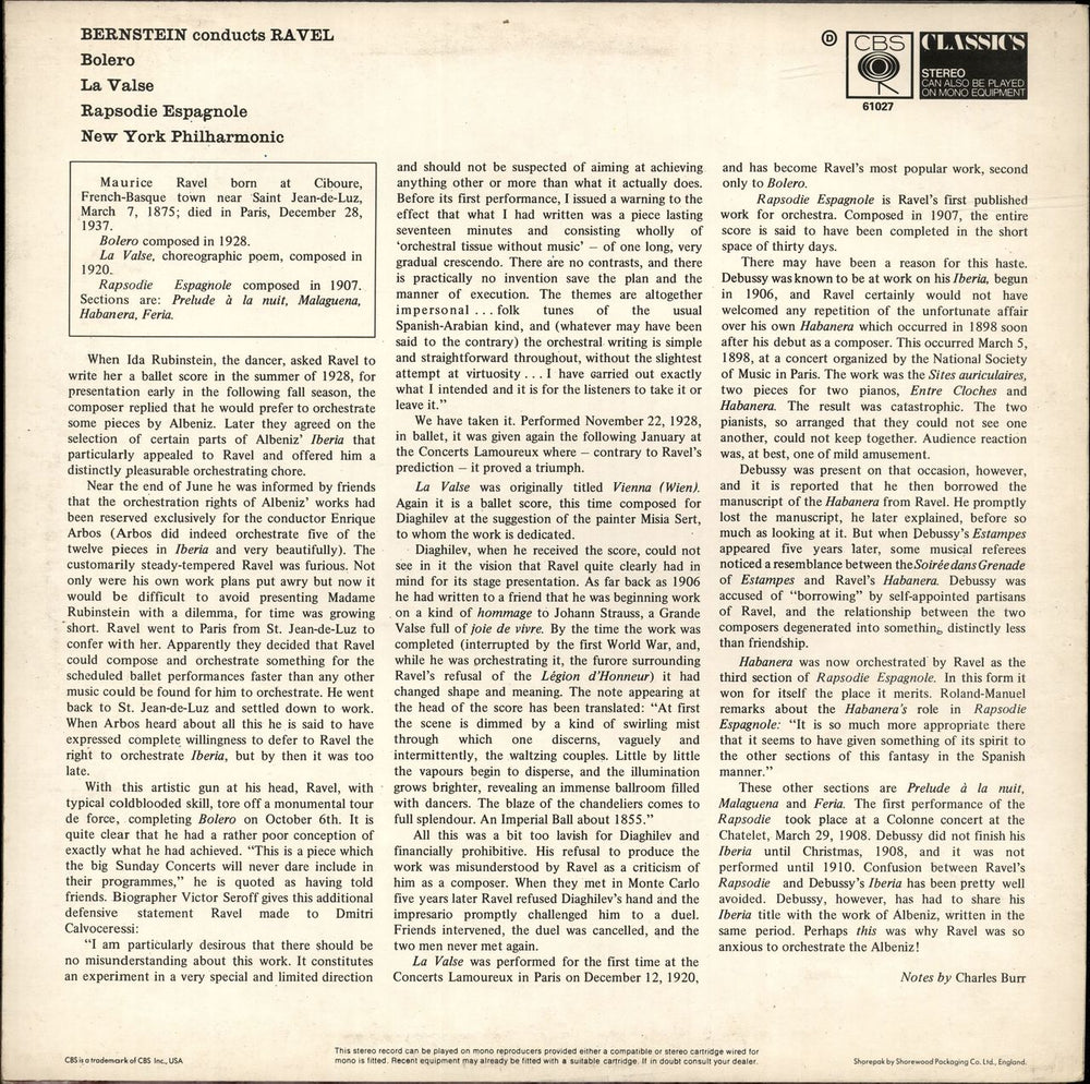 Maurice Ravel Bernstein Conducts Ravel: La Valse - Bolero - Rhapsodie Espagnole UK vinyl LP album (LP record)