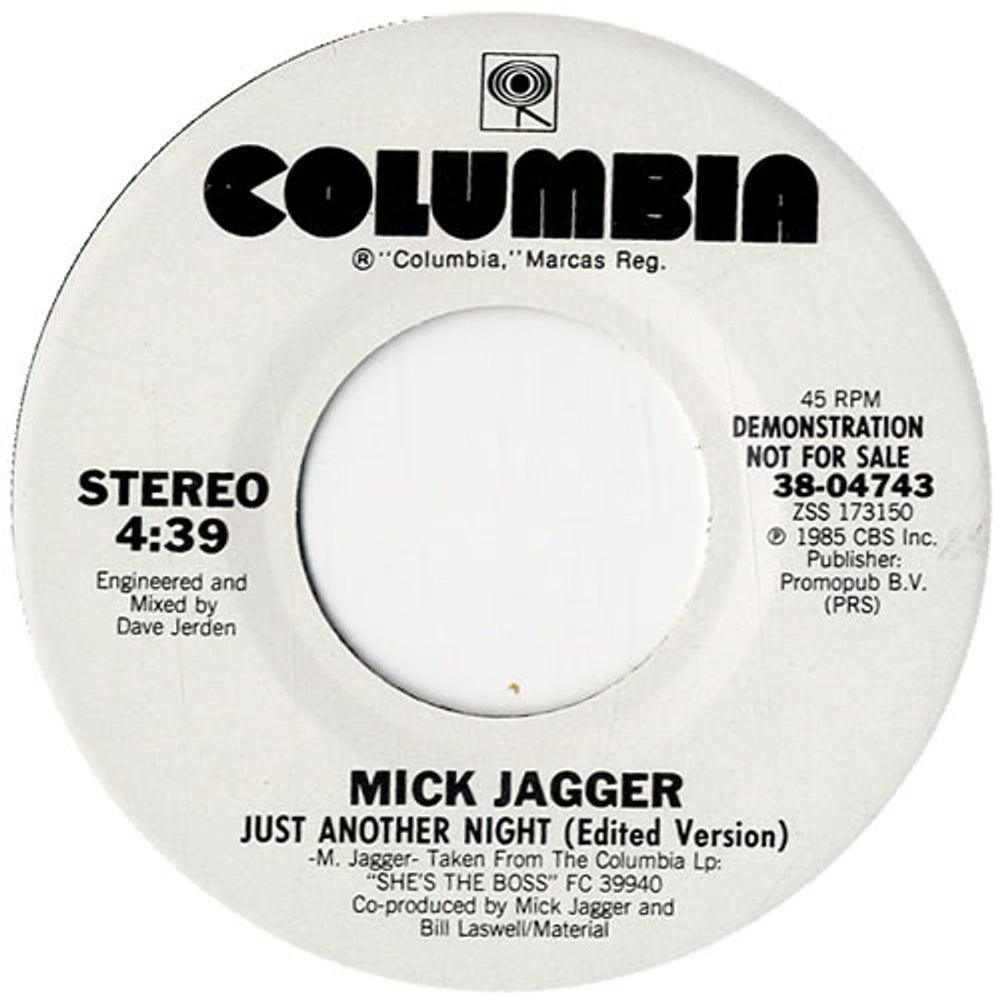Mick Jagger Just Another Night US Promo 7" vinyl single (7 inch record / 45) MKJ07JU20878