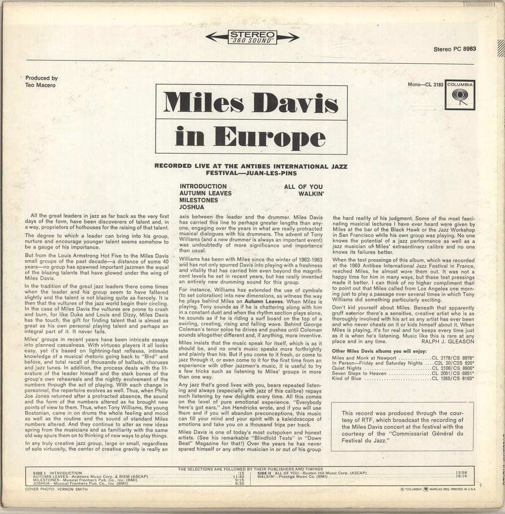 Miles Davis In Europe US vinyl LP album (LP record)