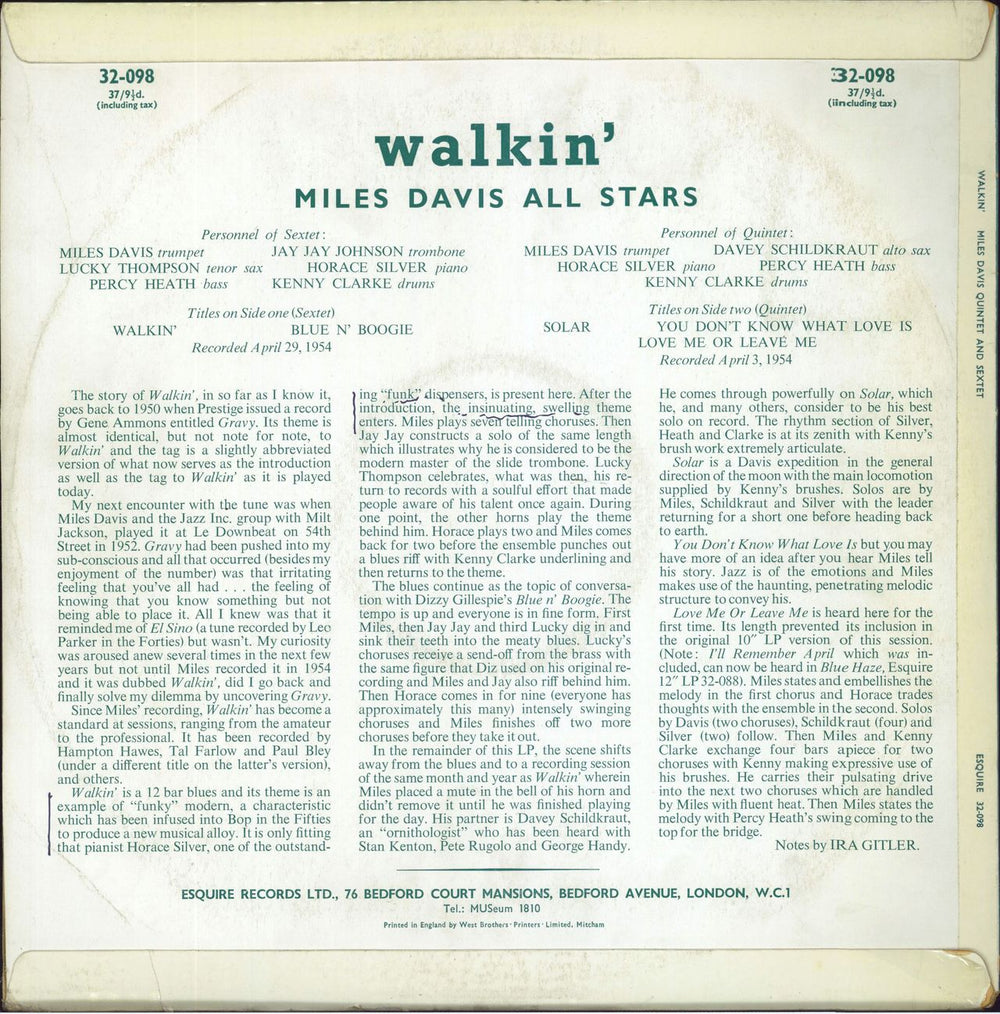 Miles Davis Walkin' UK vinyl LP album (LP record)