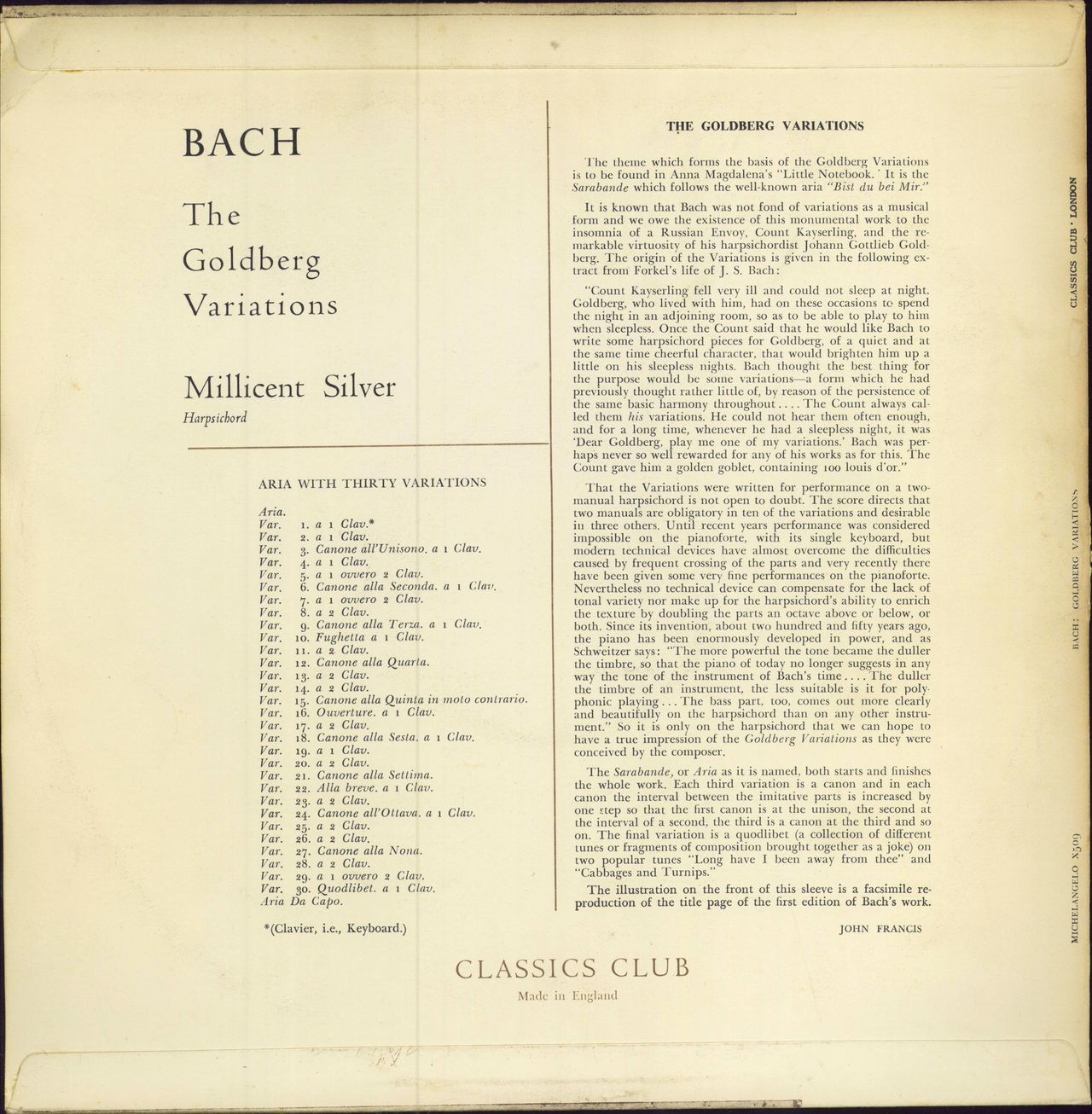 Millicent Silver Bach: The Goldberg Variations UK vinyl LP album (LP record)