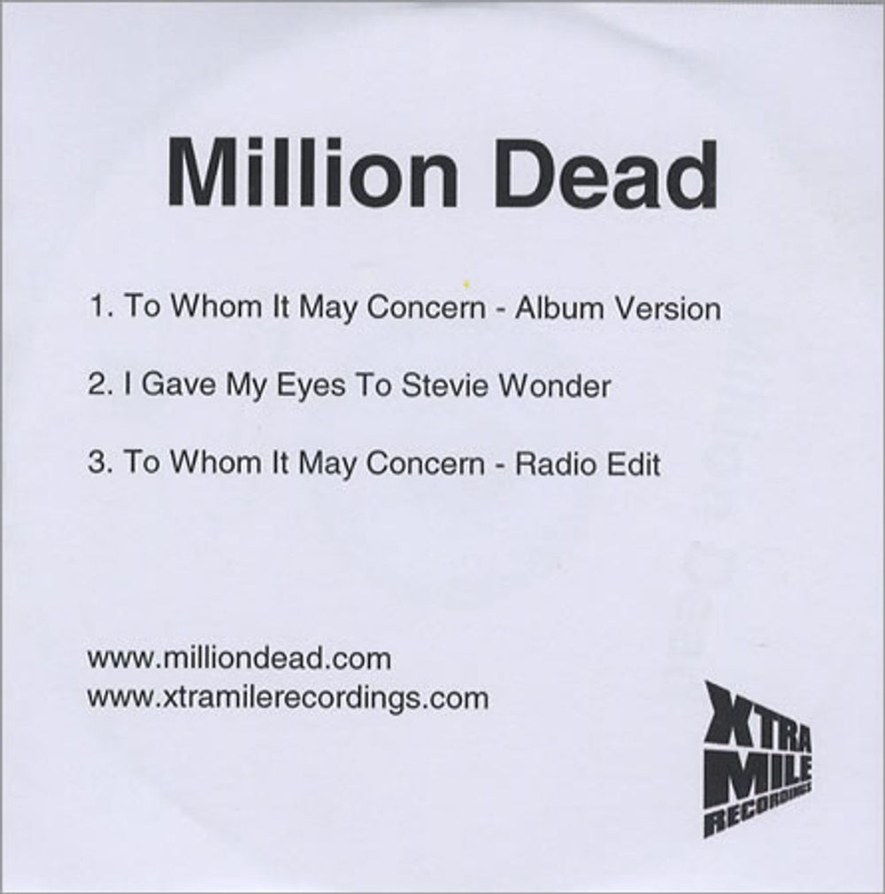 Million Dead To Whom It May Concern UK Promo CD-R acetate CD-R ACETATE