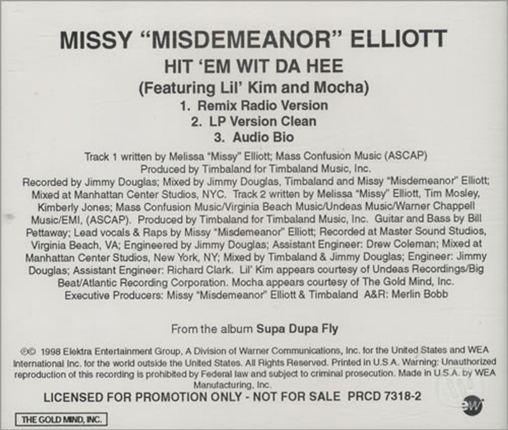 Missy Misdemeanor Elliott Hit 'Em Wit Da Hee US Promo CD single (CD5 / 5") PRCD-7318-2