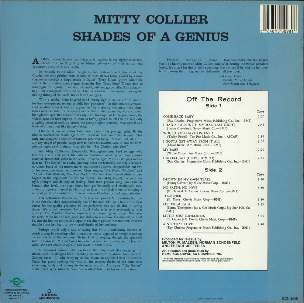 Mitty Collier Shades Of A Genius Italian vinyl LP album (LP record)