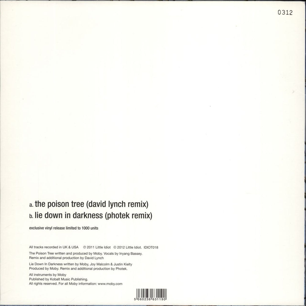 Moby The Poison Tree - RSD - White Vinyl - EX UK 12" vinyl single (12 inch record / Maxi-single) 5060236631190