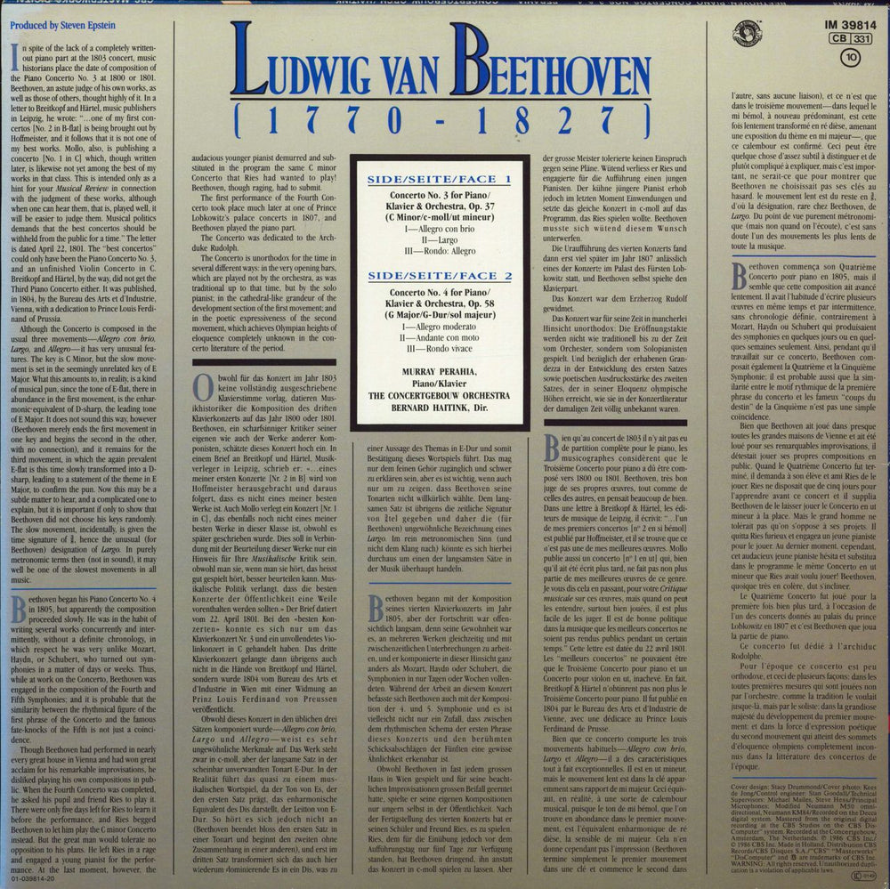 Murray Perahia Beethoven: Piano Concertos Nos. 3 & 4 Dutch vinyl LP album (LP record)