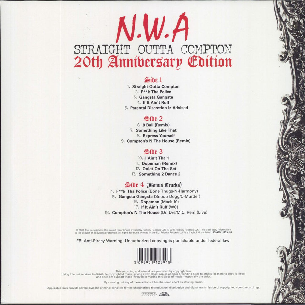 N.W.A. Straight Outta Compton: 20th Anniversary - 180gm Vinyl - Sealed UK 2-LP vinyl record set (Double LP Album) 5099951123918