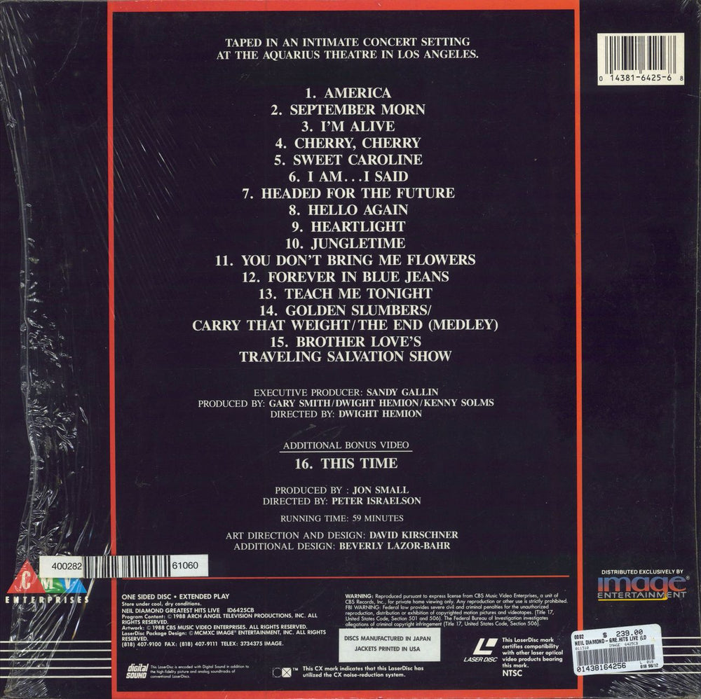 Neil Diamond Greatest Hits Live Japanese laserdisc / lazerdisc 014381642568