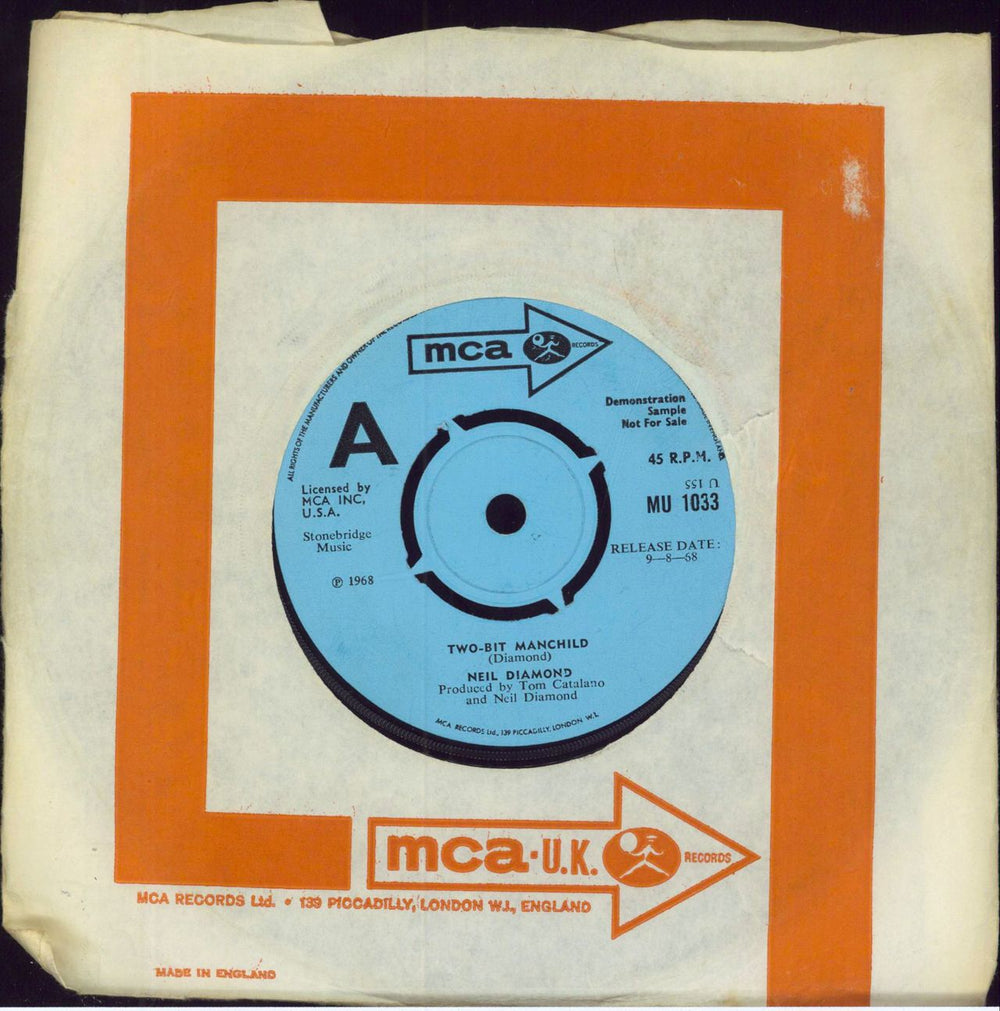 Neil Diamond Two-Bit Manchild - A Label UK Promo 7" vinyl single (7 inch record / 45) MU1033