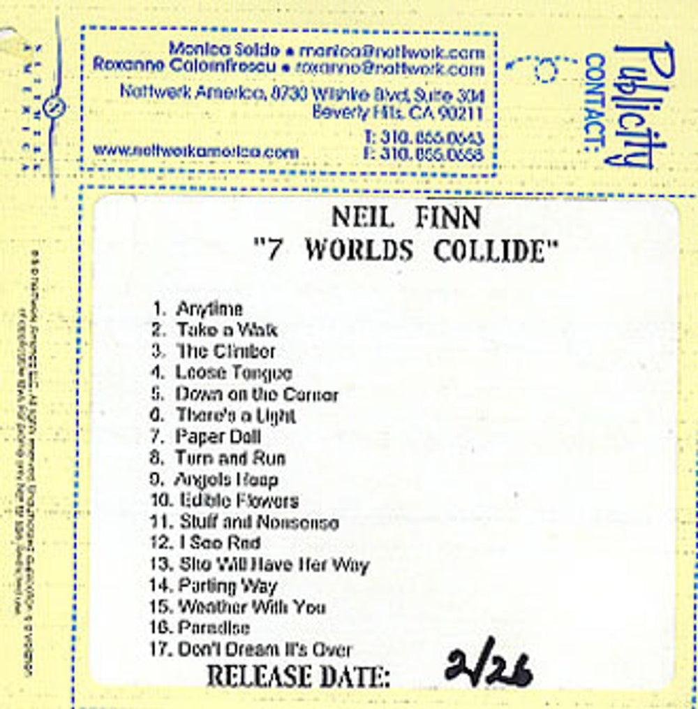 Neil Finn 7 Worlds Collide US Promo CD-R acetate CD-R ACETATE