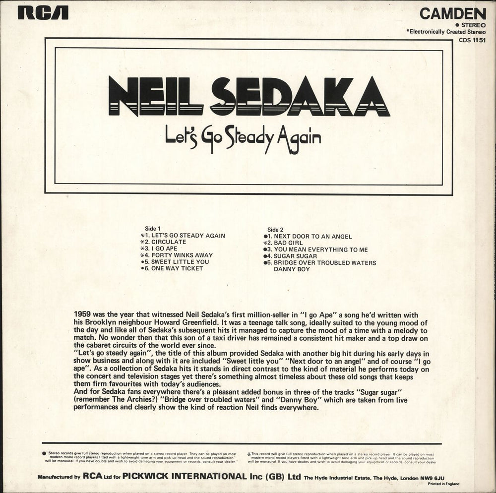 Neil Sedaka Let's Go Steady Again UK vinyl LP album (LP record)