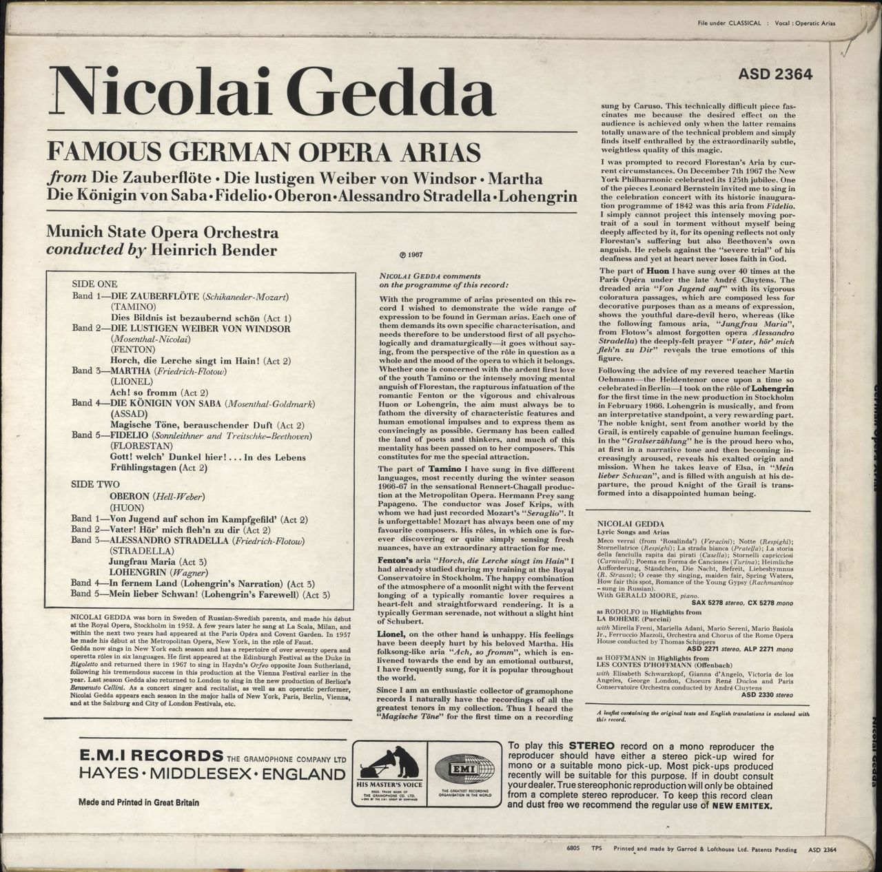 Nicolai Gedda German Opera Arias UK vinyl LP album (LP record)