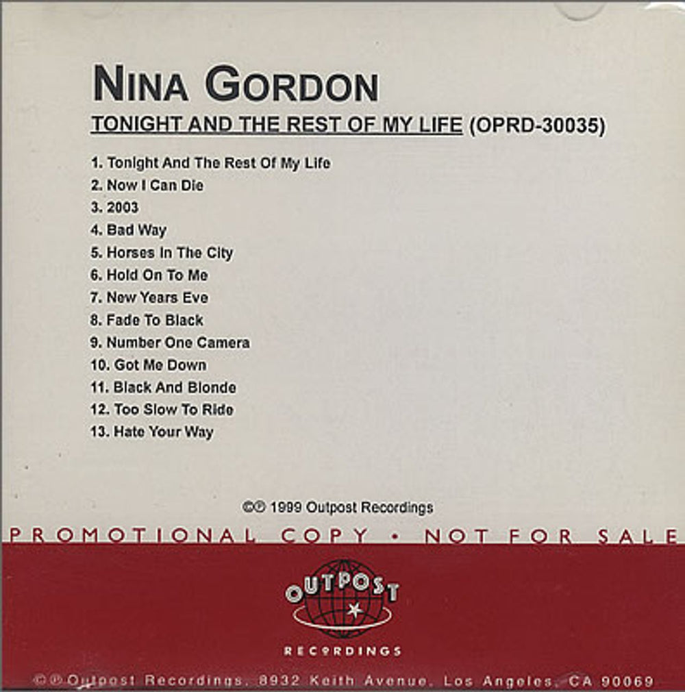 Nina Gordon Tonight And The Rest Of My Life US Promo CD-R acetate CD-R ACETATE