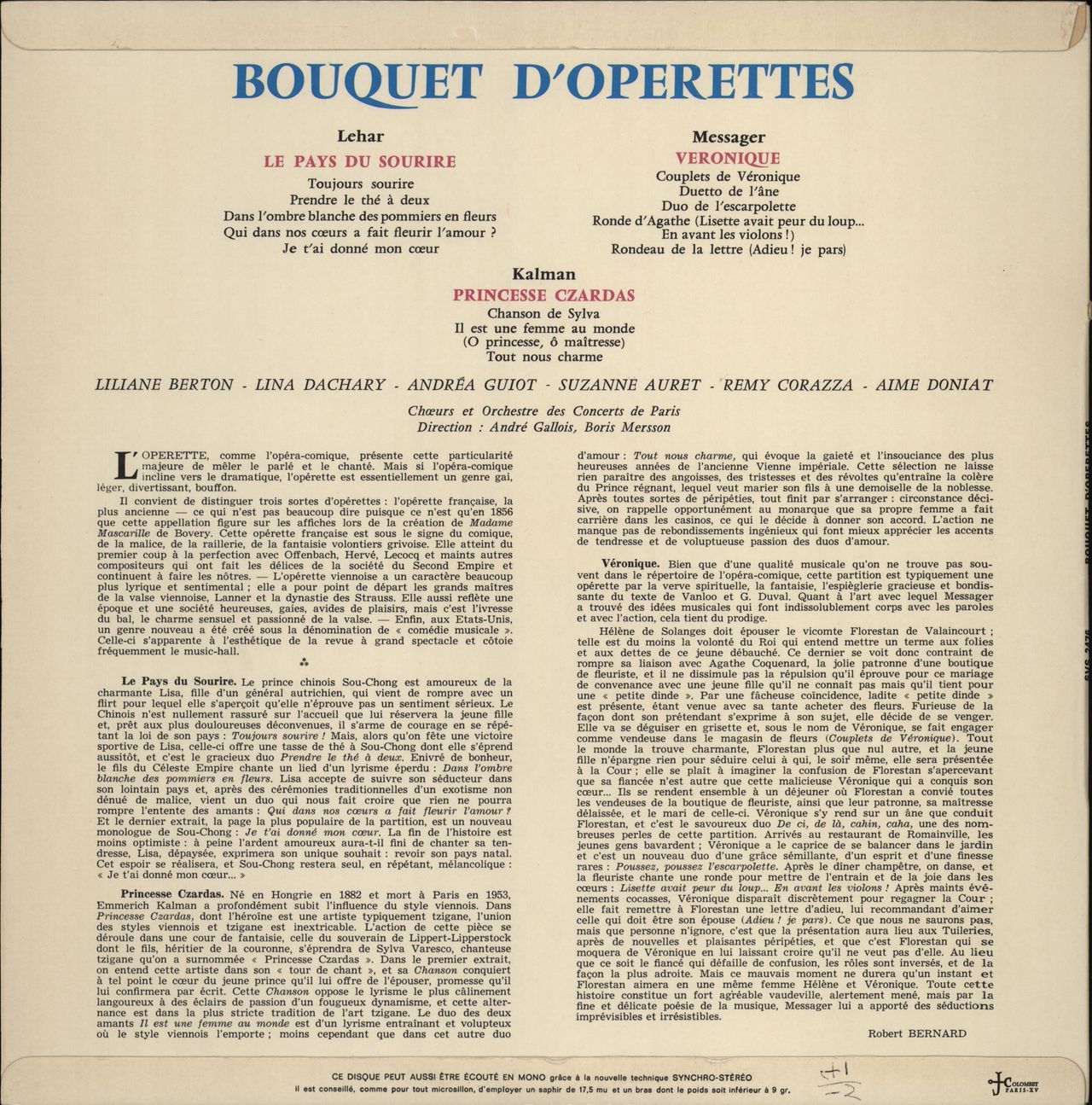 Orchestre De Paris Bouquet D'Operettes French vinyl LP album (LP record)
