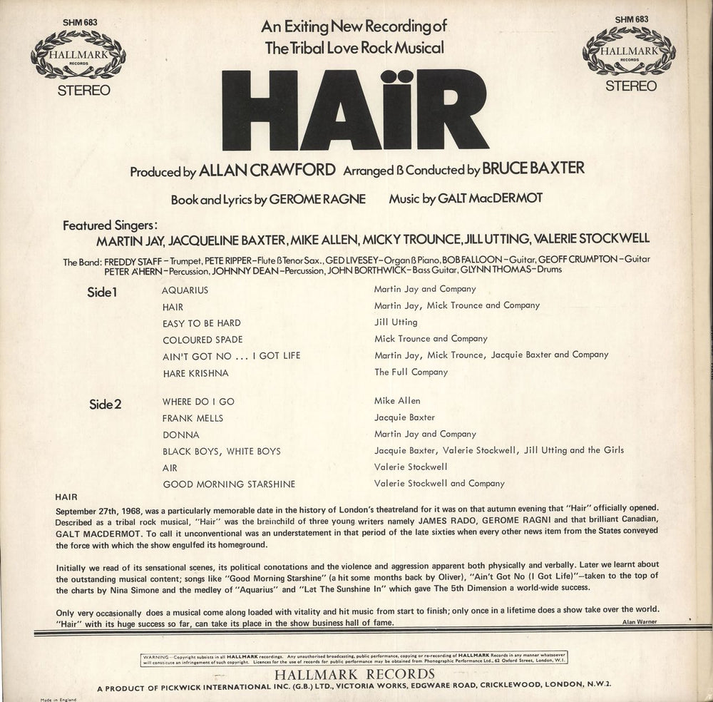 Original Cast Recording Hair UK vinyl LP album (LP record)