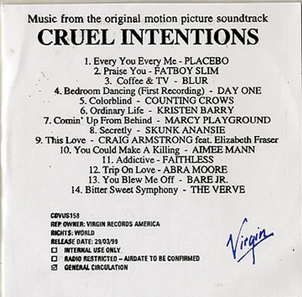 Original Soundtrack Cruel Intentions UK Promo CD-R acetate CD-R