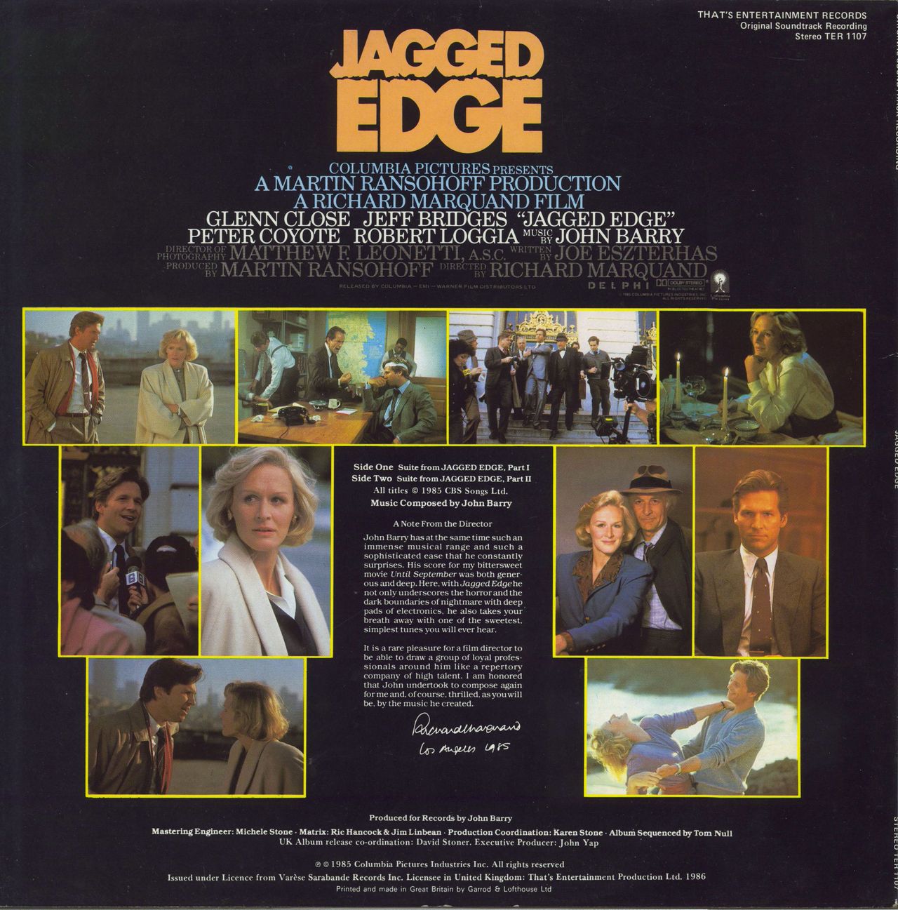 Original Soundtrack Jagged Edge UK Vinyl LP