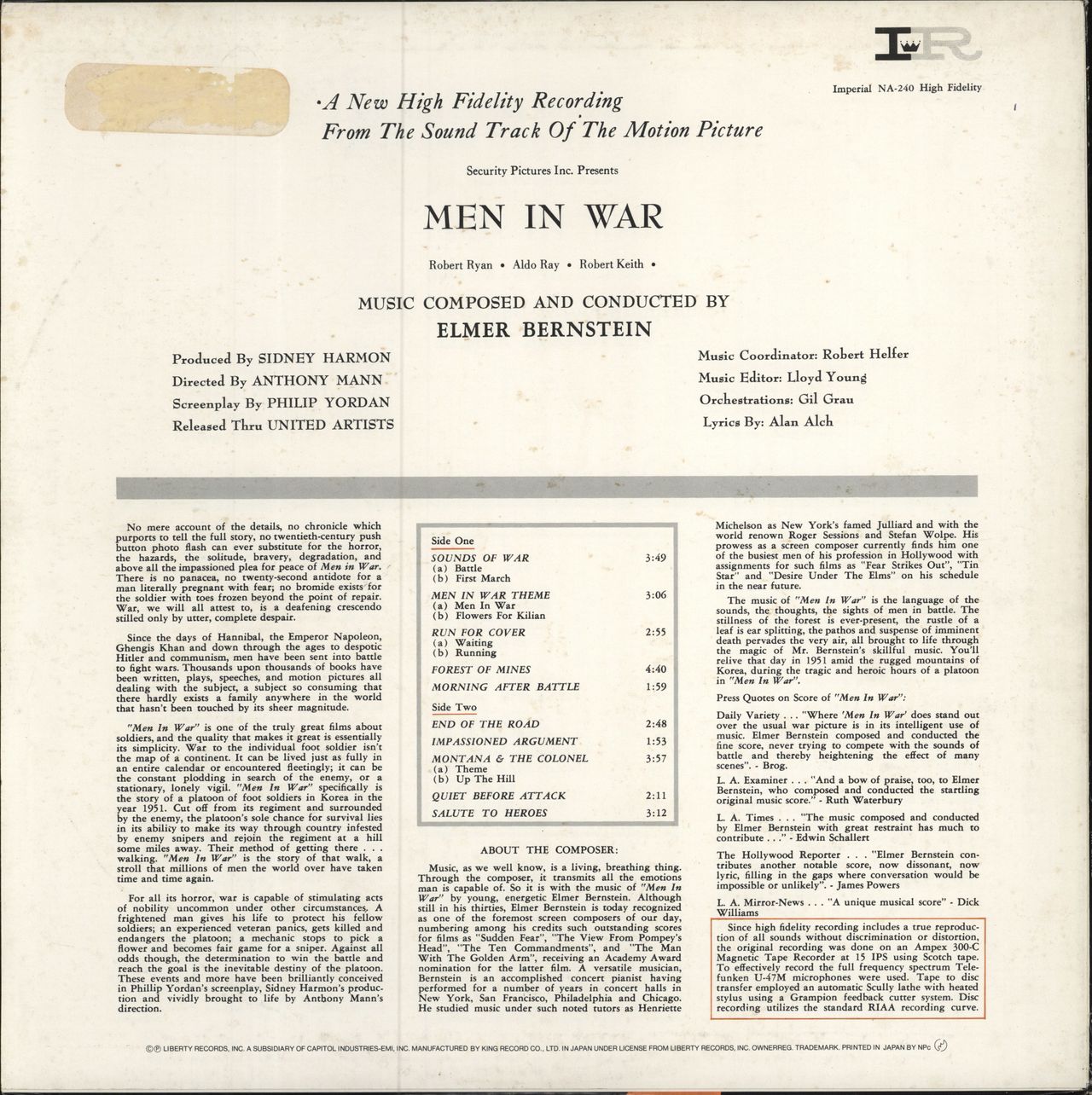 Original Soundtrack Men In War (Music From The Sound Track) Japanese vinyl LP album (LP record)