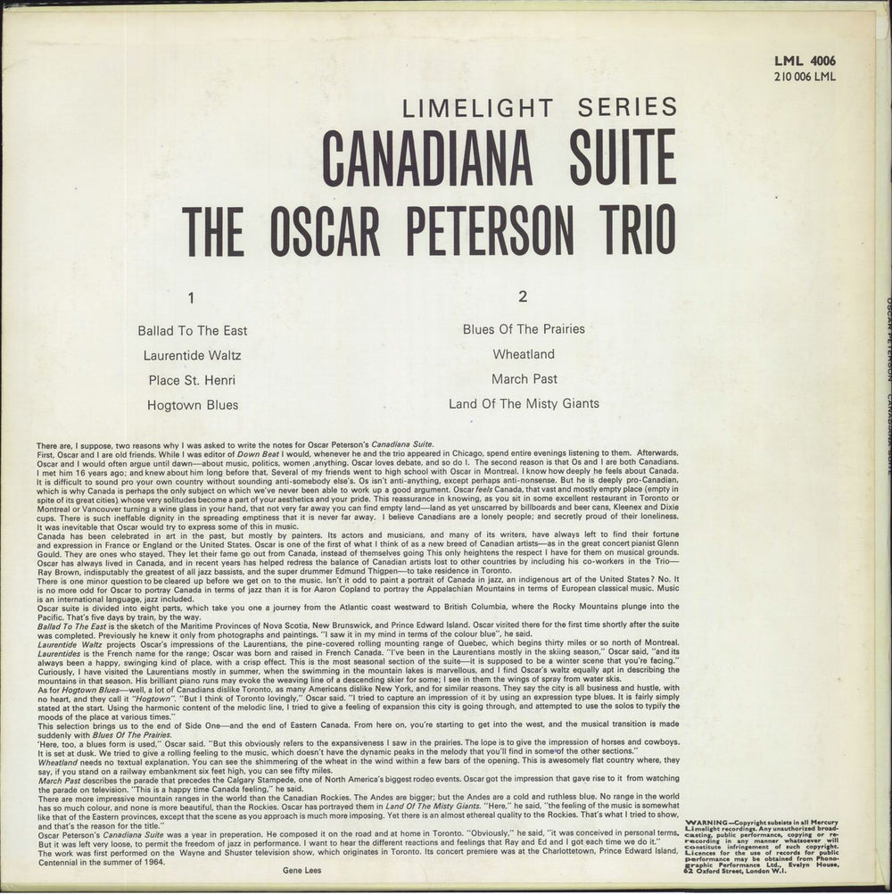 Oscar Peterson Canadiana Suite UK vinyl LP album (LP record)