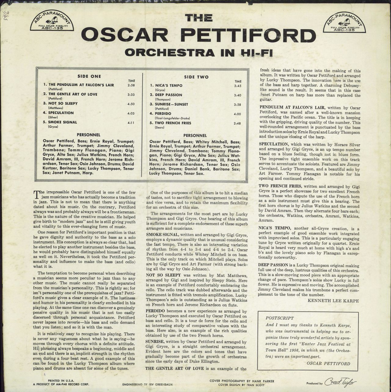 Oscar Pettiford Oscar Pettiford Orchestra In Hi-Fi - 1st US vinyl LP album (LP record)