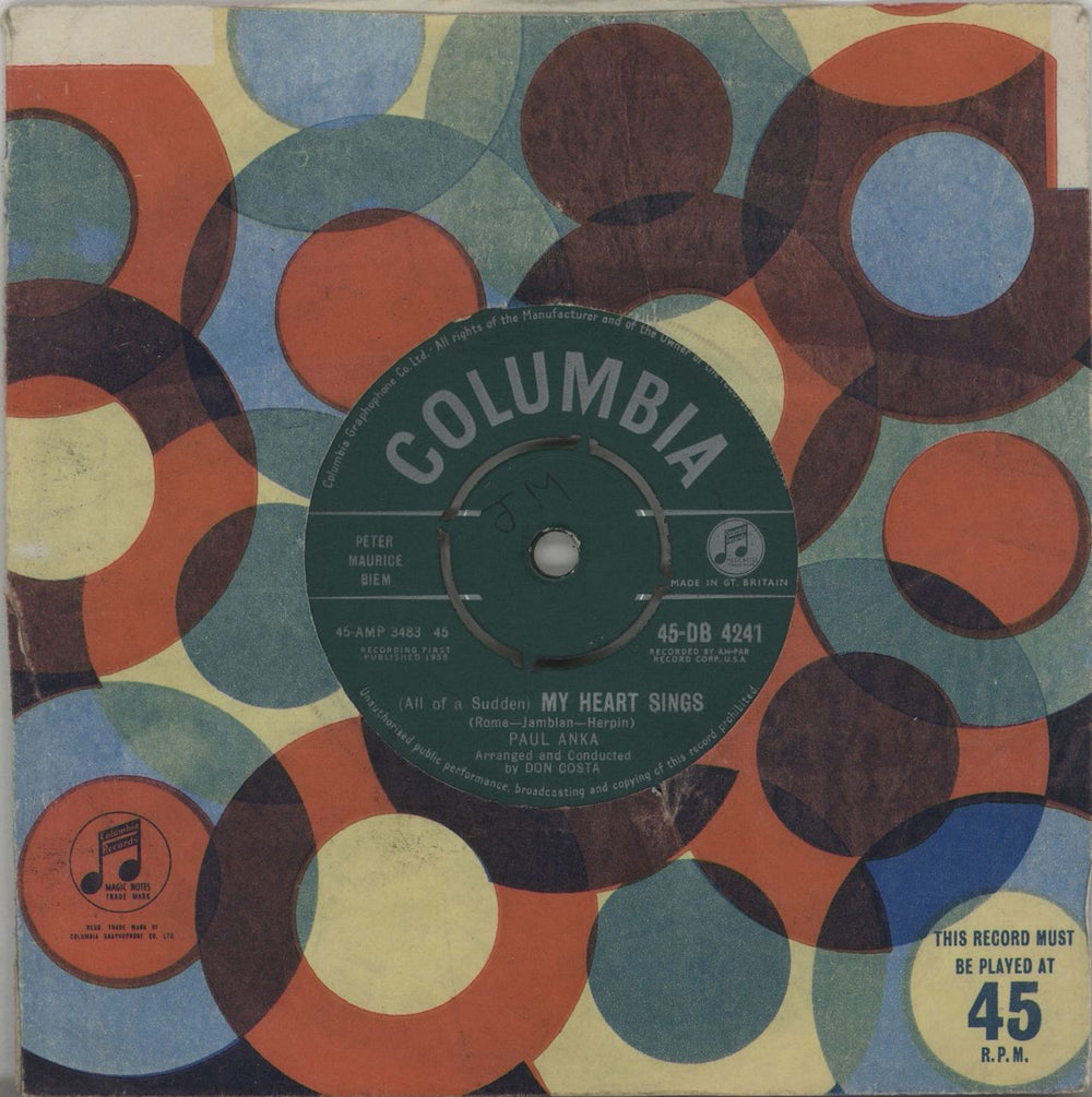 Paul Anka (All Of A Sudden) My Heart Sings UK 7" vinyl single (7 inch record / 45) 45-DB4241