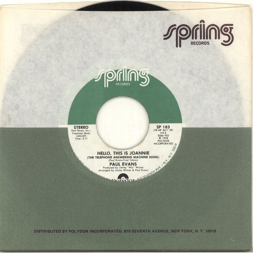 Paul Evans Hello, This Is Joannie US Promo 7" vinyl single (7 inch record / 45) SP183