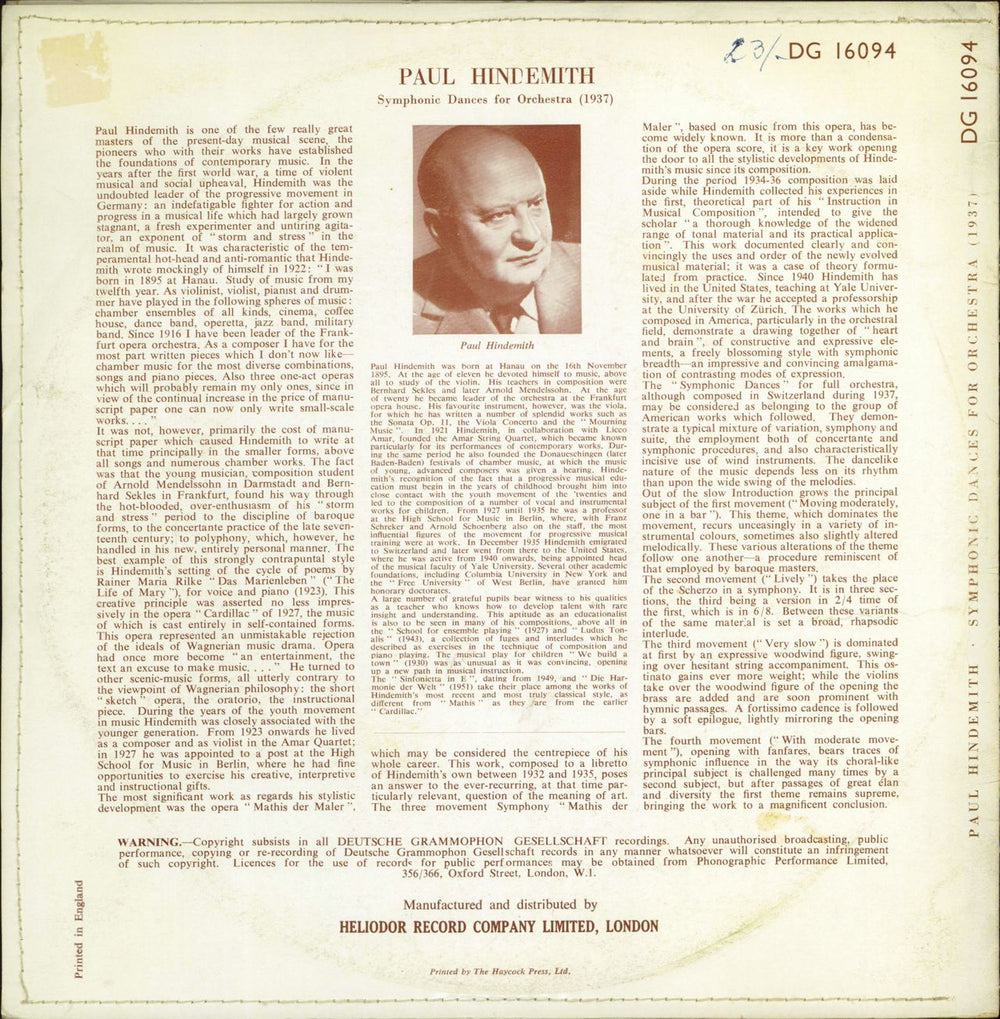 Paul Hindemith Symphonic Dances For Orchestra UK 10" vinyl single (10 inch record)