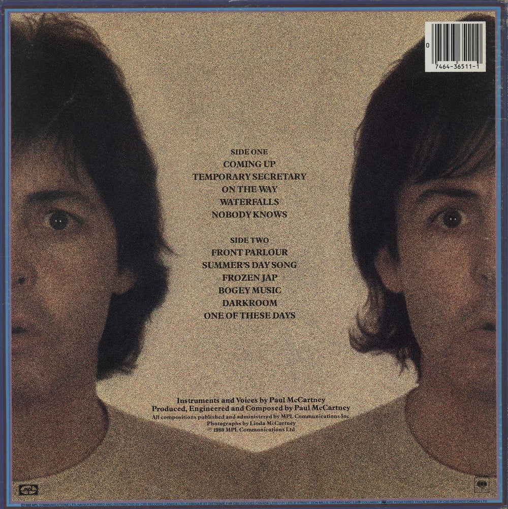 Paul McCartney and Wings Mccartney II Canadian vinyl LP album (LP record) 074643651110