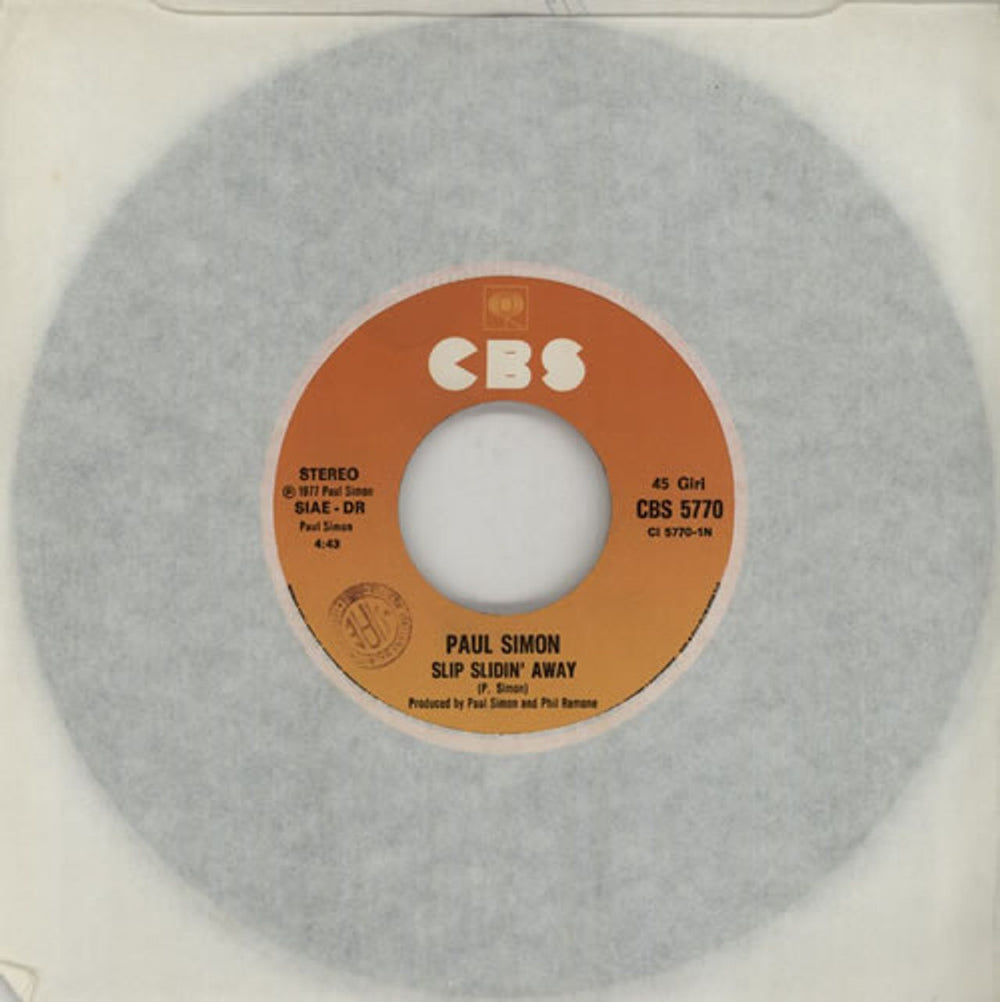 Paul Simon Slip Slidin' Away Italian 7" vinyl single (7 inch record / 45) CBS5770
