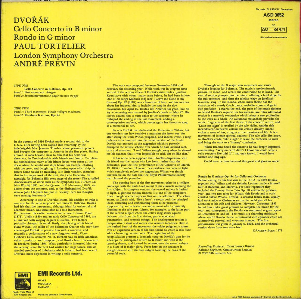 Paul Tortelier Dvorak: Cello concerto in B minor & Rondo in G minor UK vinyl LP album (LP record)