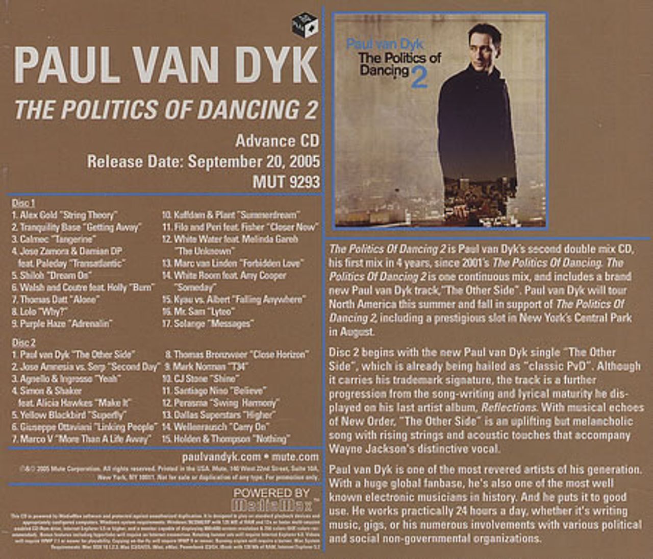 Paul Van Dyk The Politics Of Dancing 2 US Promo 2-CD album set