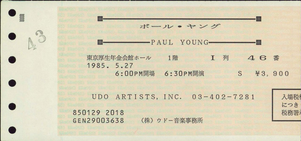 Paul Young Japan Tour '85 + Ticket Stub Japanese tour programme PYOTRJA768932