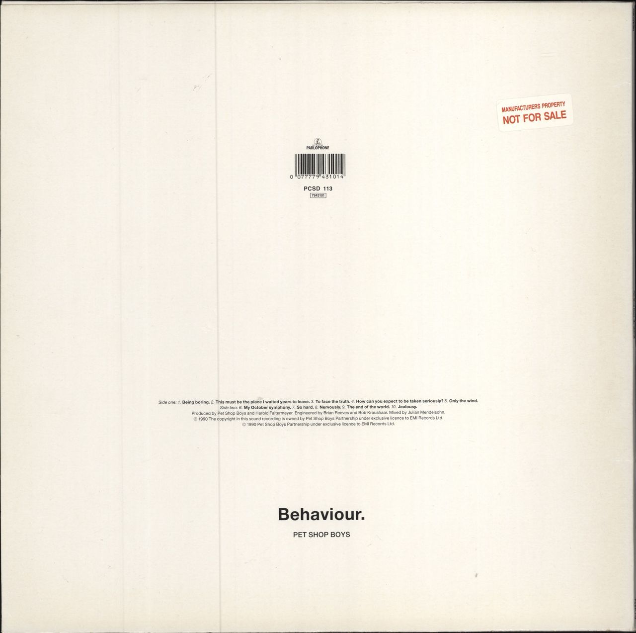Pet Shop Boys Behaviour - Manufacturers sticker UK vinyl LP album (LP record) 077779431014
