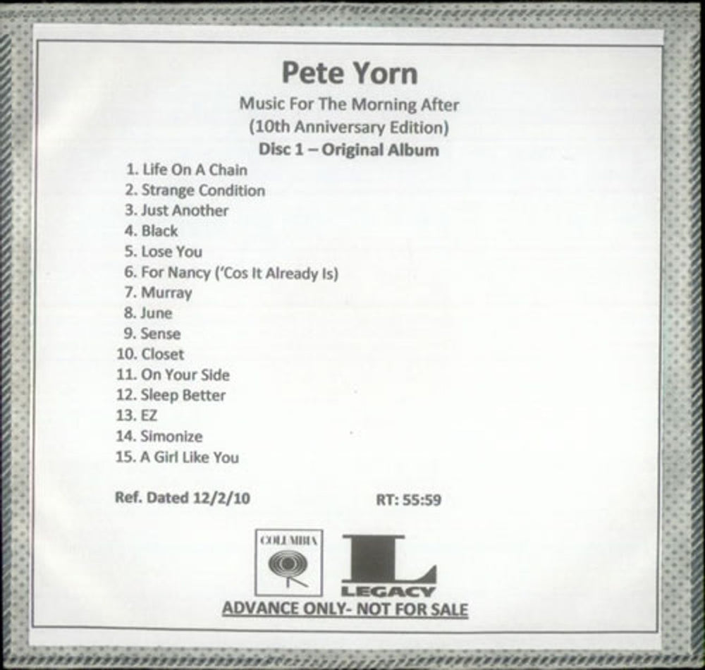 Pete Yorn Music For The Morning After - 10th Anniversary Edtion US Promo CD-R acetate CD-R ACETATE