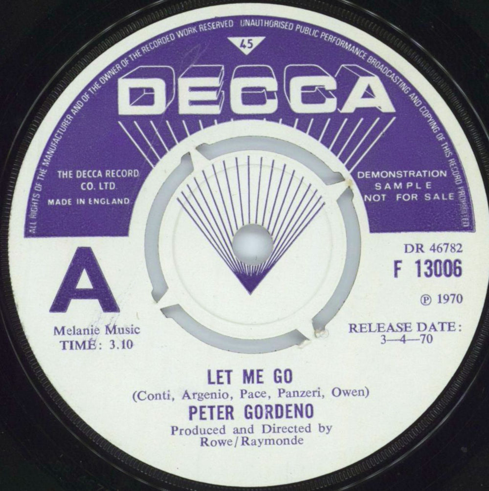 Peter Gordeno Let Me Go UK Promo 7" vinyl single (7 inch record / 45) F13006