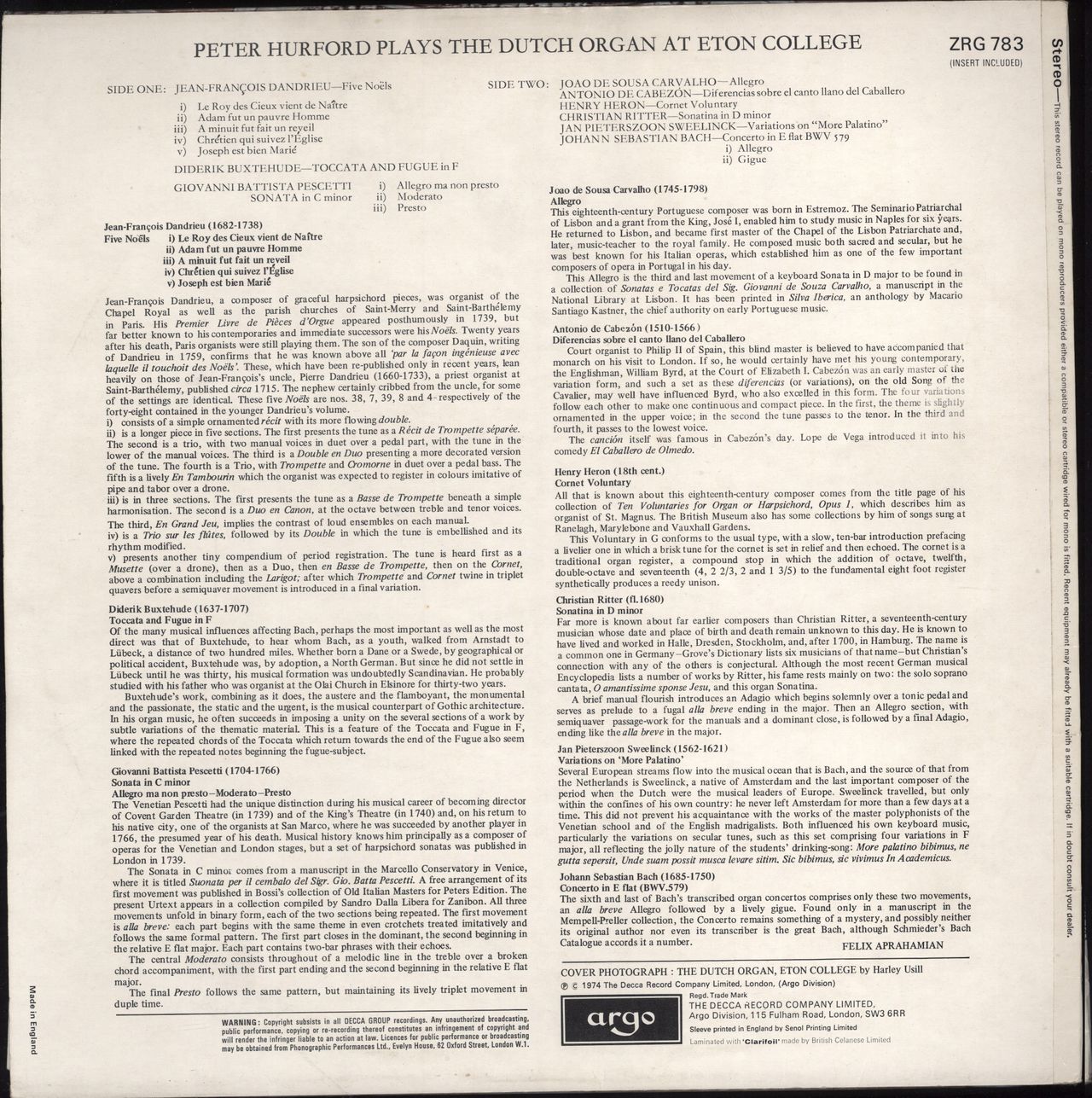 Peter Hurford Peter Hurford Plays The Dutch Organ At Eton College UK vinyl LP album (LP record)