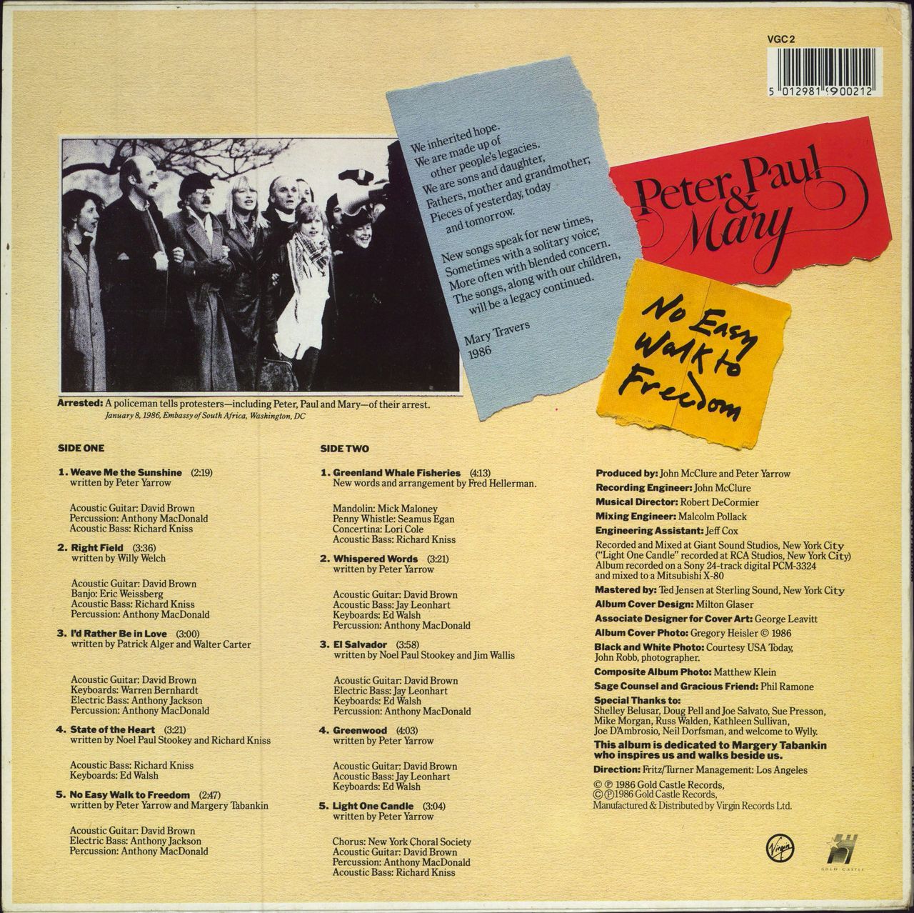 Peter Paul & Mary No Easy Walk To Freedom UK vinyl LP album (LP record) 5012981900212